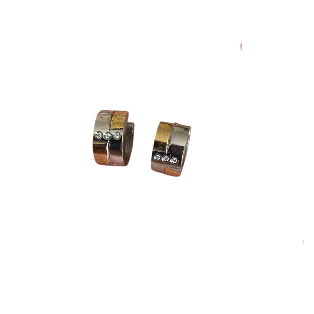 Mixed Metal Huggie Hoop Earrings with Rhinestone Accent